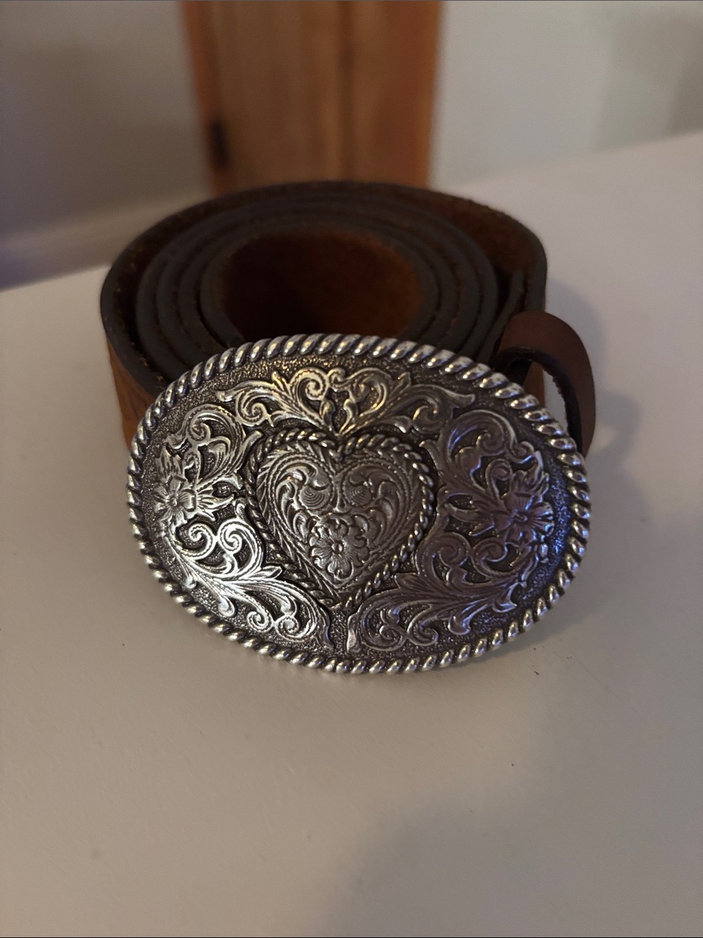 Ariat Leather Belt with Ornate Silver Heart Buckle - Brown